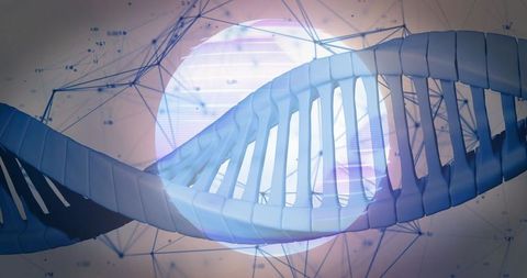 Twisting DNA Double Helix Floating Above Digital Network with Glowing Orb