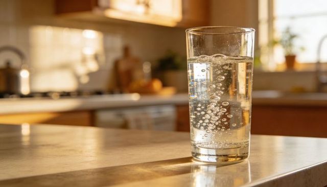 Sunlit glass of sparkling water on kitchen countertop with rising bubbles and warm reflections