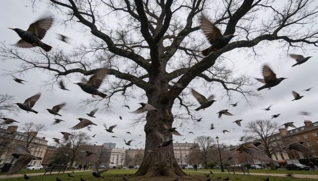 Flock of starlings taking flight around massive oak tree in urban park on overcast day