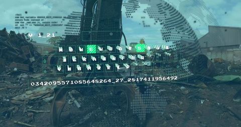 Excavator Handling Scrap with Holographic Data Overlay