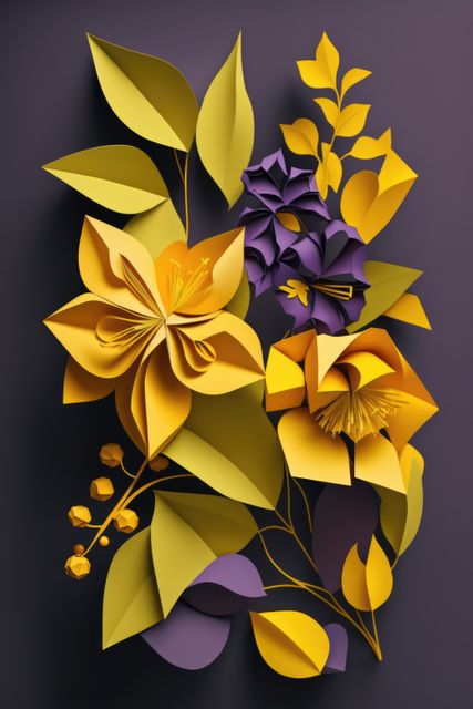 Image of colourful origami flowers on purple background, created using generative ai technology. Origami, art, nature and flowers, digitally generated image.