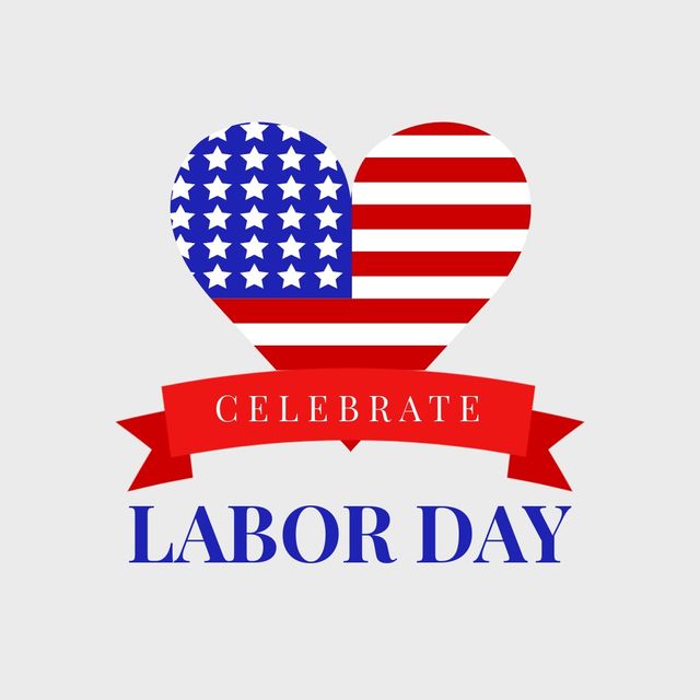 This patriotic illustration features a heart-shaped American flag with a 'Celebrate' banner and 'Labor Day' text against a white background. Ideal for use in social media posts, advertising materials, email campaigns, and flyers promoting Labor Day events and sales. The festive and celebratory design emphasizes national pride and holiday spirit, making it perfect for various digital and print applications related to the Labor Day holiday.