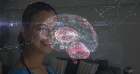 Doctor Analyzing Holographic Brain in Futuristic Lab