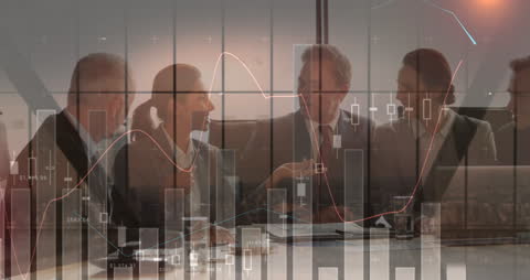 Corporate professionals reviewing digital financial data, including graphs and bar charts. Ideal for presentations on economic trends, financial strategies, and business analytics as it embodies the intersection of technology and interpersonal communication in a corporate environment.