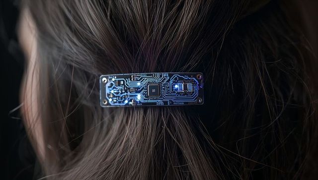 Pcb hair clip clipping into dark brown hair with glowing blue circuitry microchip