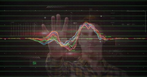 Man reaching holographic data interface with multicolor waveform peaks and green grid HUD