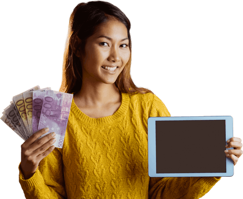 Smiling Asian Woman Holding Digital Tablet and Transparent Euro Notes