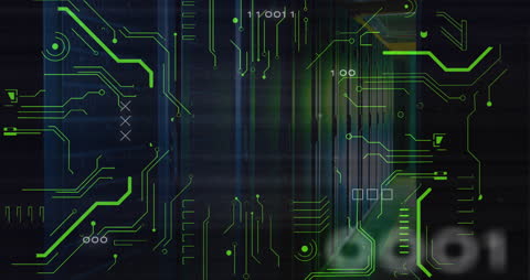 Futuristic Green Data Circuit on Black Grid Background