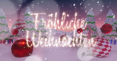 Sparkling holiday script floating over pastel snow field with glossy baubles and candy canes