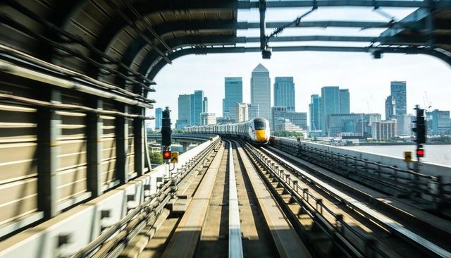 High-speed train approaching on elevated tracks toward modern waterfront city skyline