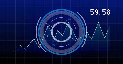 Displaying futuristic hud analytics with neon line chart and numeric readout