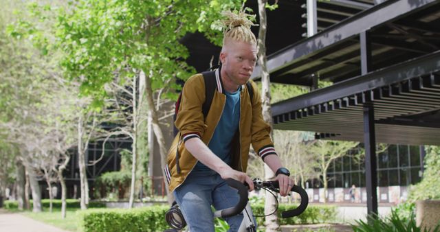 Young man with albinism riding bicycle in an urban park. He wears casual clothing and carries a backpack. Ideal for use in articles or advertisements focusing on outdoor activities, inclusivity, urban living, healthy lifestyle, and transportation.