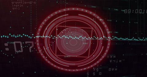 Red futuristic hud interface pulsing rotating with turquoise data waveform radar neon ui