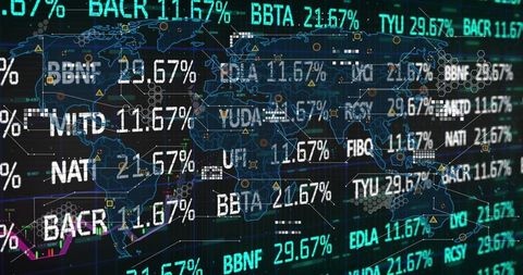 Global Financial Market Graph with Glowing Numbers on Dark Background