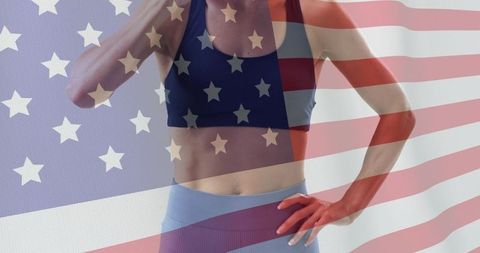 Female fitness torso showing american flag double exposure for patriotic workout