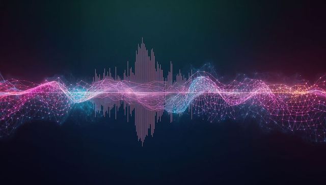 Futuristic neon audio waveform with digital mesh