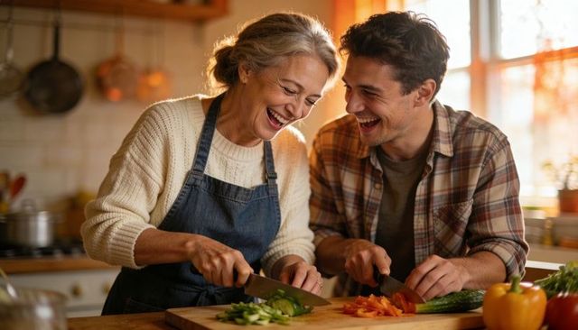 Mother and adult son laughing while chopping vegetables in sunlit home kitchen