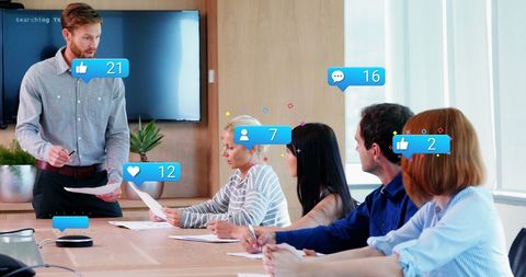 Social Media Insights Analyzed by Diverse Team in Modern Office Setting