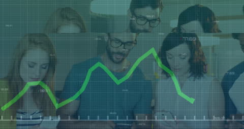 Team Analyzing Business Data Trends with Smartphone in Office Environment