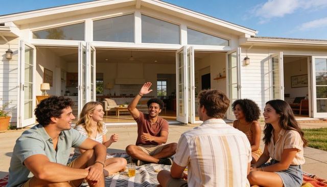 Young friends on sunny backyard patio picnic, laughing and enjoying drinks by open doors