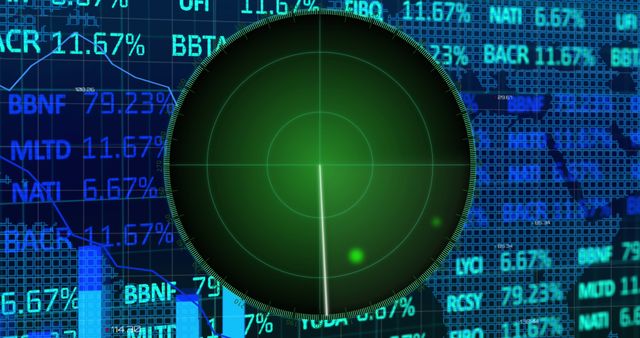 Radar screen with targets above a digital trading board background displaying stock data and financial indicators. Ideal for illustrating financial analysis, investment strategies, stock market operations, economic forecasts, global business intricacies, and cybersecurity in financial sectors.