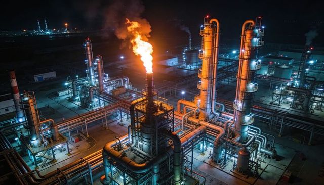 Night oil refinery with flaming flare stack and glowing pipelines, aerial industrial plant