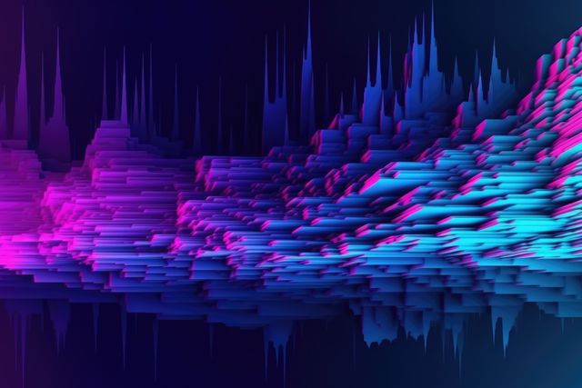 Glowing blue interference lines and landscape on black, created using generative ai technology. Visual distortion and data technology abstract background concept digitally generated image.