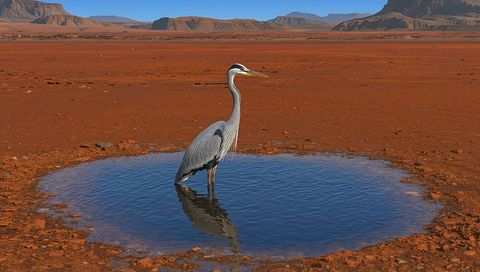 Great Blue Heron Standing in Circular Desert Waterhole Reflecting on Red Clay Plain