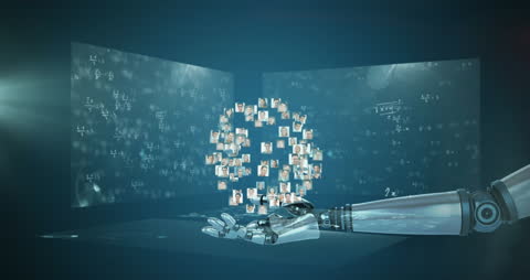 Robotic Arm with Floating Data Symbolizing AI and Technology