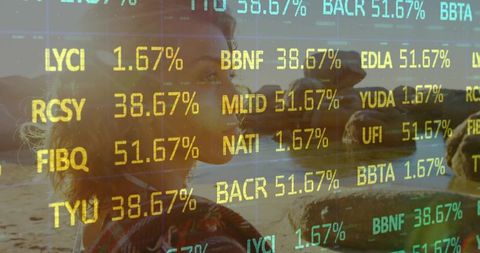 Woman Watching Sunset with Financial Ticker Overlay