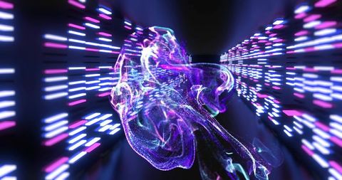 Neon particle cloud drifting through futuristic tunnel of magenta and cyan light