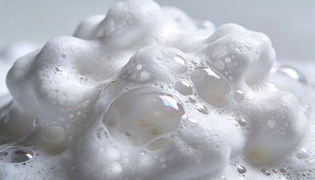 Closeup shimmering soap foam with iridescent bubbles and soft lather texture