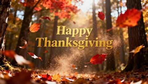 Gold happy thanksgiving greeting floating over sunlit autumn forest with falling leaves