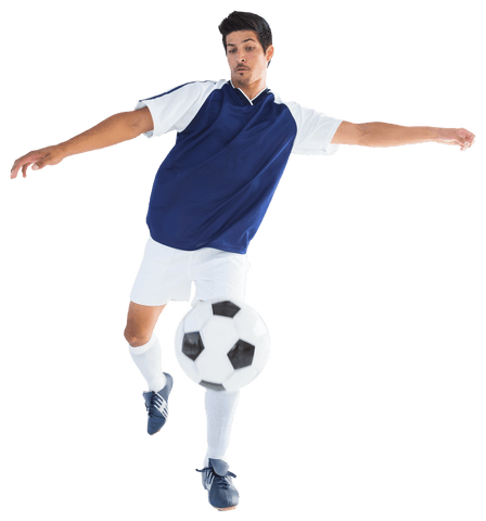 Caucasian male soccer player kicking ball transparent background