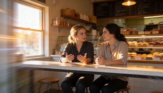 Two women talking and listening at marble counter in cozy bakery cafe with pastry display