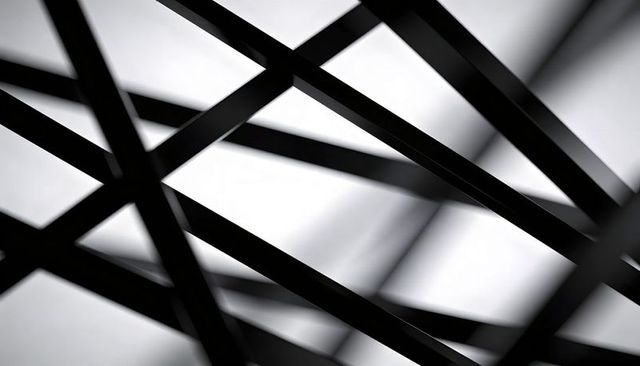 Intersecting matte black strips forming minimalist geometric lattice with backlit shadows