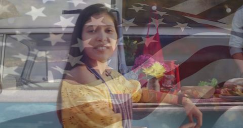 Biracial Couple at Food Truck with Superimposed USA Flag