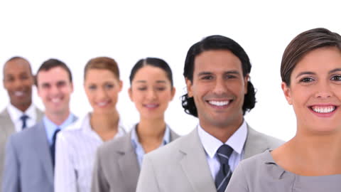 Diverse Business Team Standing in a Row with Smiling Faces