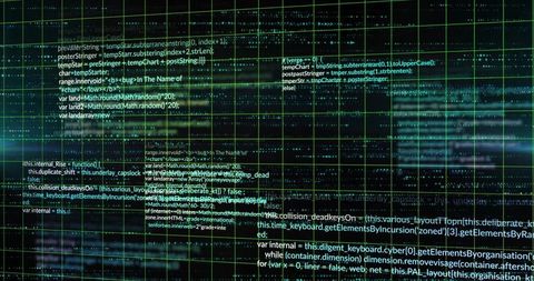 Cyber data grid displaying neon green matrix code overlay with teal waveform and analytics