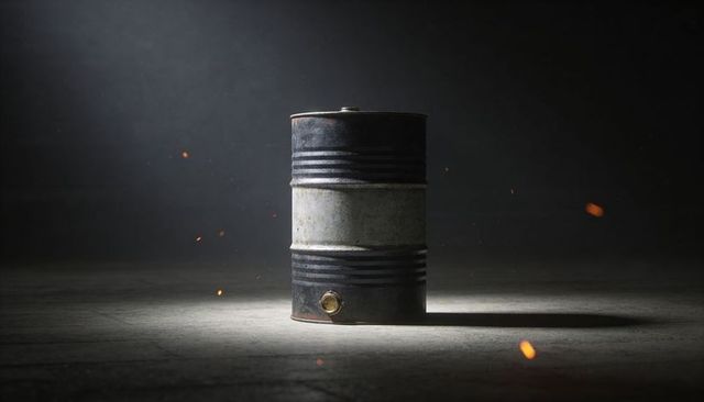 Rusty Metal Drum Standing in Spotlight Casting Long Shadow with Sparks and Spigot