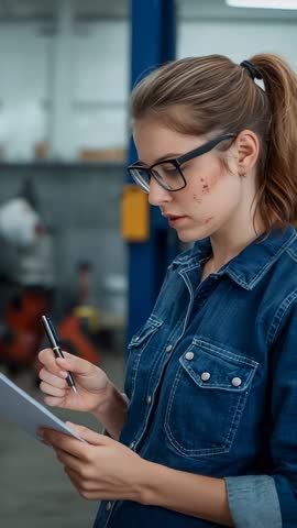 Female technician inspecting machinery and taking notes in industrial workshop vertical video