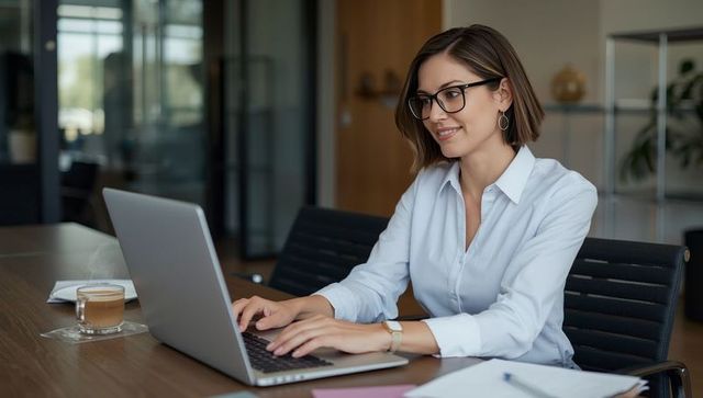 Asian Woman Typing on Laptop at Modern Office Workspace