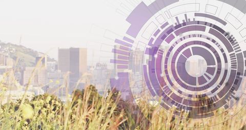 Digital interface overlaid on cityscape blending technology and nature