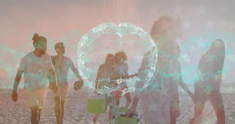 Friends Walking on Tropical Beach with American Flag Overlay