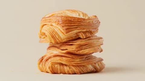 Close-up slow pan of three-tier laminated pastry stack showing flaky golden layers