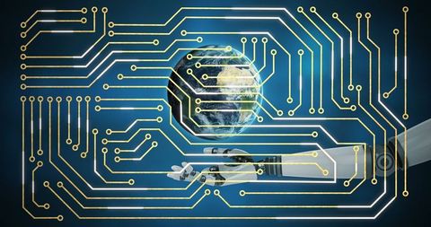 Robotic Arm Circuit Overlay on Globe Symbolizing Global Technology - Download Free Stock Images Pikwizard.com