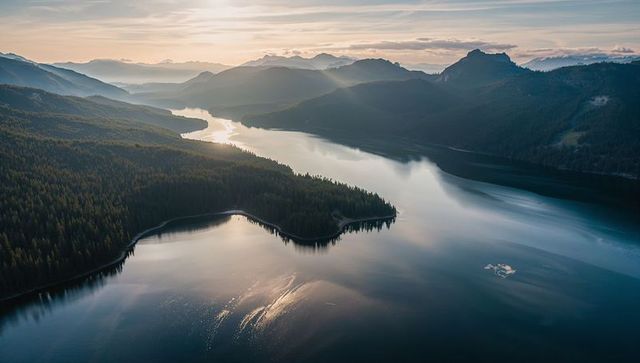 Sunlight glancing over serene mountain lake with curving forested peninsula and morning mist