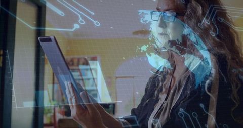Businesswoman Analyzing Tablet with Futuristic Tech Overlay