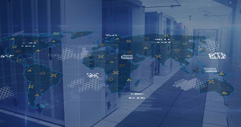 Global Cybersecurity Network Overlay on Server Room - Download Free Stock Images Pikwizard.com