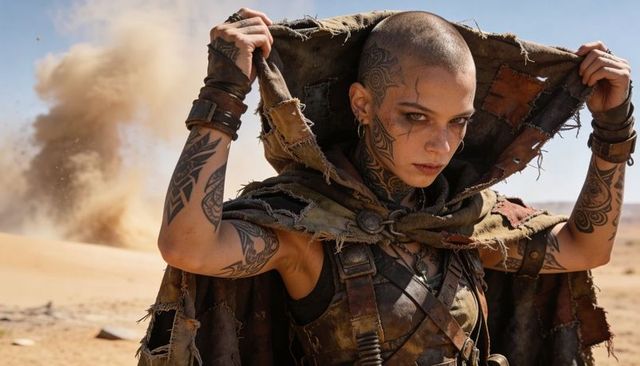 Shaved-head lifting patchwork hood in desert dunes, leather harness tattooed warrior